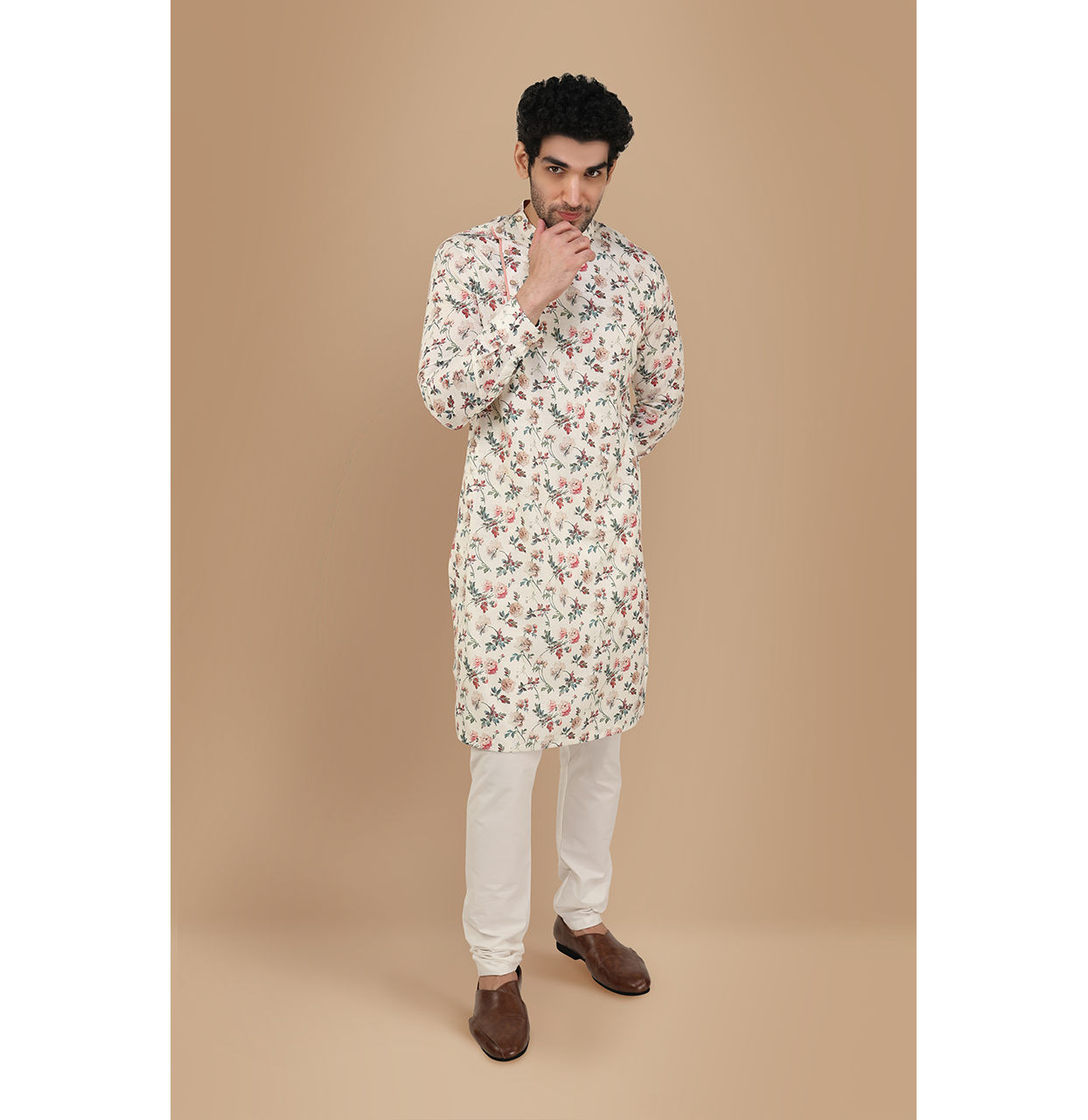 Off White Side Open Floral Print Kurta image number 1